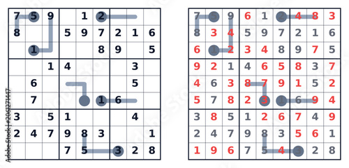Sudoku puzzle squares with highlighted solutions and jigsaw layout  
