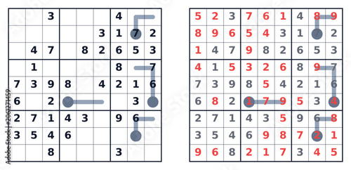Sudoku puzzle squares with solutions and highlighted numbers  