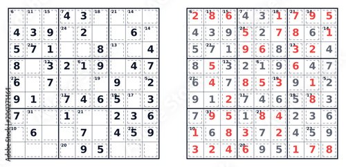 Sudoku puzzle squares with solutions and highlighted numbers  