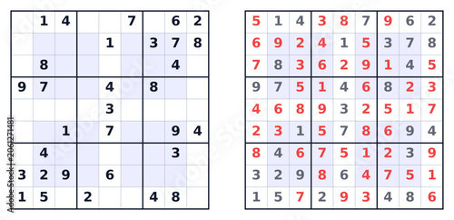 Sudoku puzzle grid with incomplete and completed solutions  