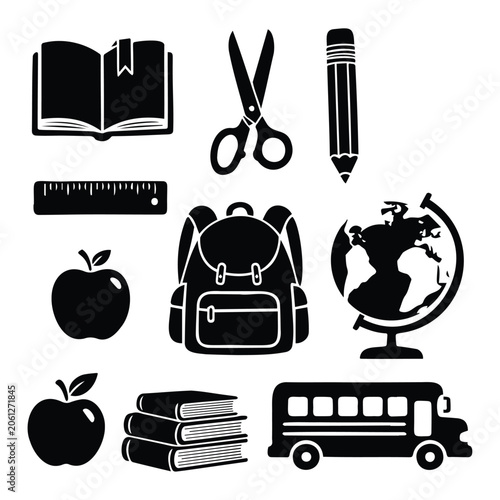 School stationery items silhouette vector illustration collection for back to school art.
