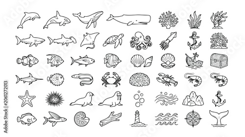 Photography Ocean life vector icon set, marine animal and underwater creature collection, se
