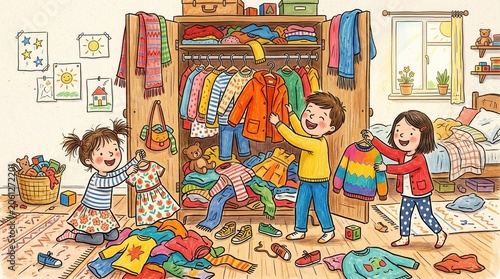 Happy children play with colorful clothes spilling from a messy closet in a sunny bedroom