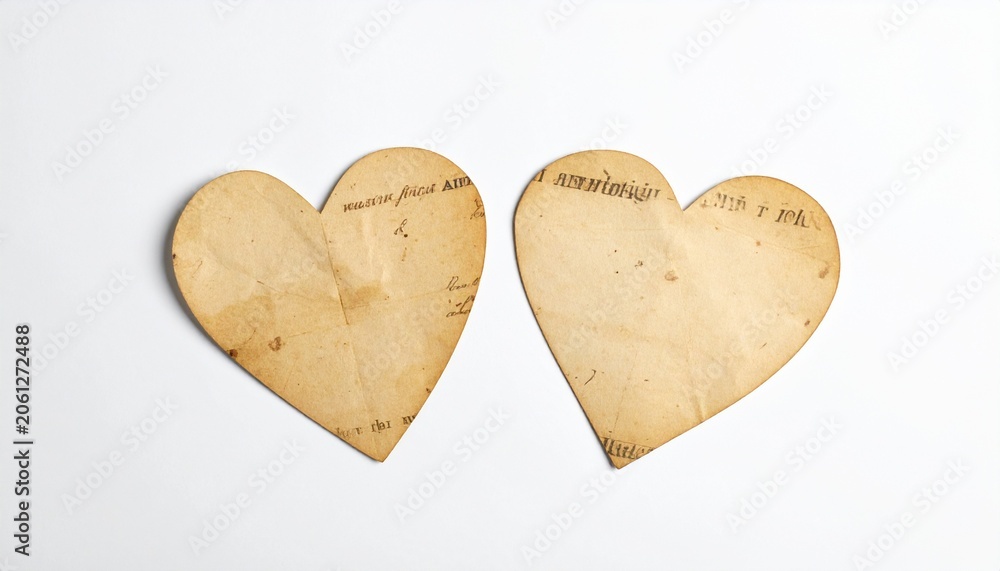 Obraz premium Two heart shaped textured paper cutouts on white background, romantic love symbols, handmade craft decor