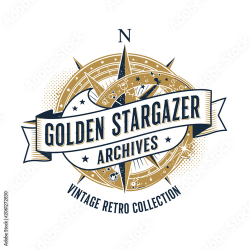 Elegant vintage compass rose emblem with stars and a decorative ribbon banner.