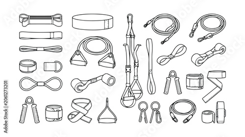 Fitness resistance bands and workout equipment vector set, black and white line art illustration, home gym exercise tools collection, physical therapy and strength training accessories