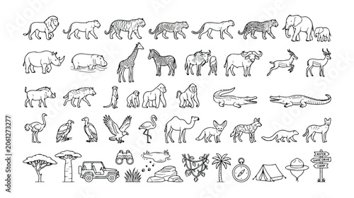 Photos Safari animals and wildlife vector icon set, hand-drawn African savanna fauna and nature elements, black and white line art collection for travel and adventure designs