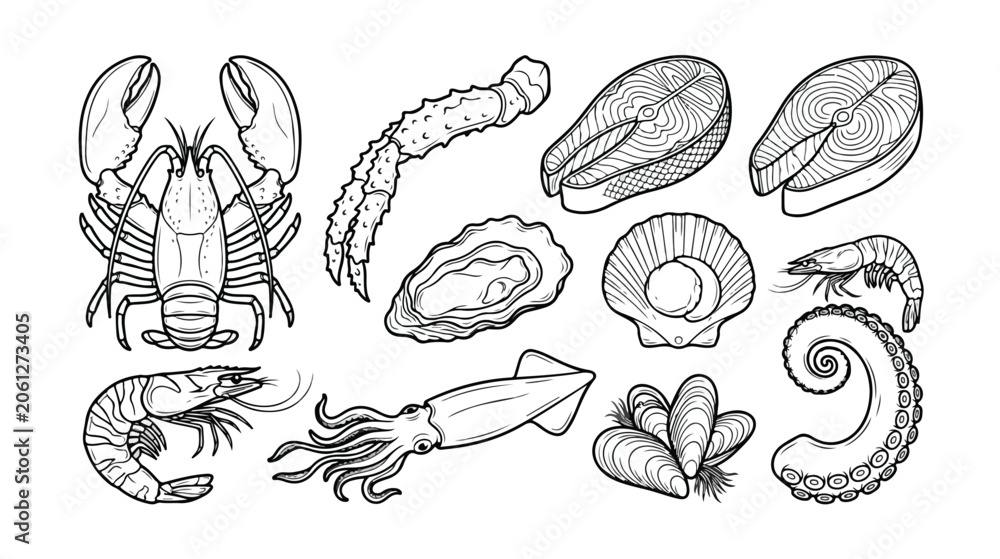 Fototapeta premium Seafood vector line art collection, fresh ocean catch illustration set. Hand-drawn marine food elements, gourmet restaurant menu design, and healthy eating graphics.