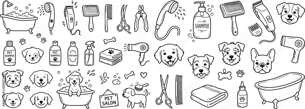 Fototapeta premium Dog grooming tools and accessories arranged in a pattern with cute puppy faces and bathtubs