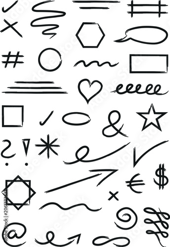 set of vector calligraphic design elements, hand drawn ink underline, frame, border and ink brush designs isolated on transparent background, simple black ink line elements illustration