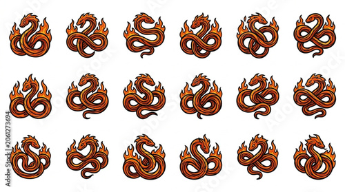 Fotografie Collection of stylized dragon emblems with fiery accents.