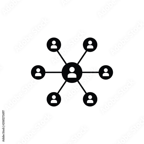 Vector illustration centralized social network icon with central user connected to six people, hub and spoke business connection concept