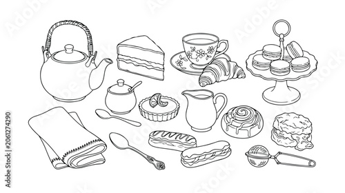 Elegant afternoon tea vector set, hand-drawn line art collection of 18 sweet pastries and hot beverages, perfect for cafe menus and vintage dessert illustrations