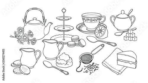 Elegant afternoon tea vector line art collection, vintage tea party essentials, black and white outline illustrations for cafe menus and invitations