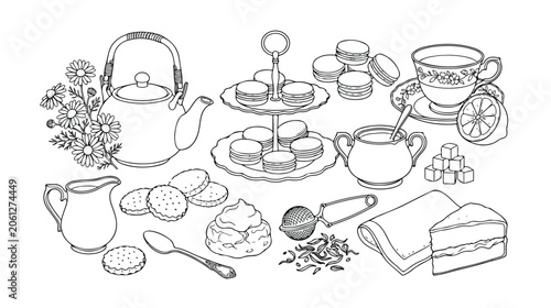 Elegant afternoon tea vector line art collection, vintage English tea party elements, traditional teaware and sweet treats, black and white outline illustration set for design projects.