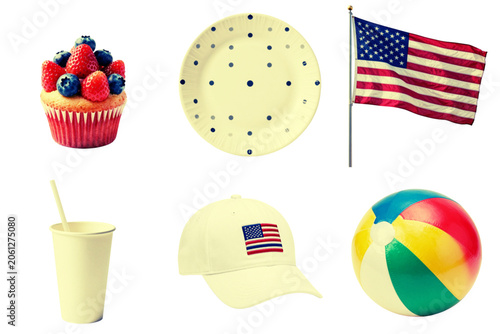 Independence Day picnic items including cupcake, flag, and beach ball  