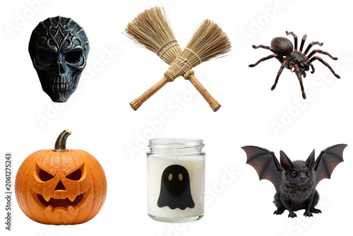 Halloween themed decorations including pumpkin, spider, ghost, and bat  