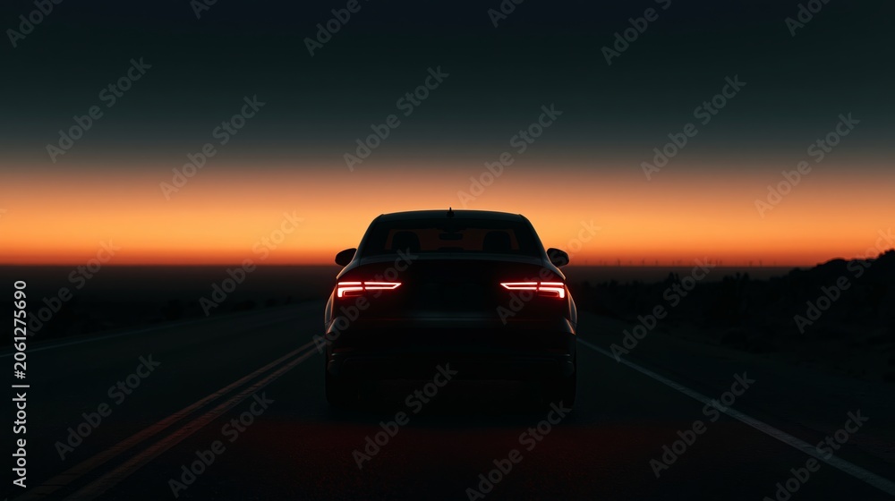 Naklejka premium Car traveling on a desolate road as sun sets, taillights illuminating the path forward into the twilight and deep blue sky