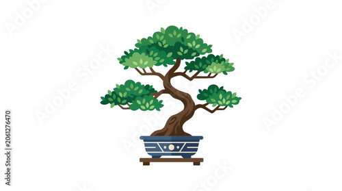Bild auf Leinwand A bonsai tree with a thick trunk and green leaves in a blue pot on a wooden stand against a white background