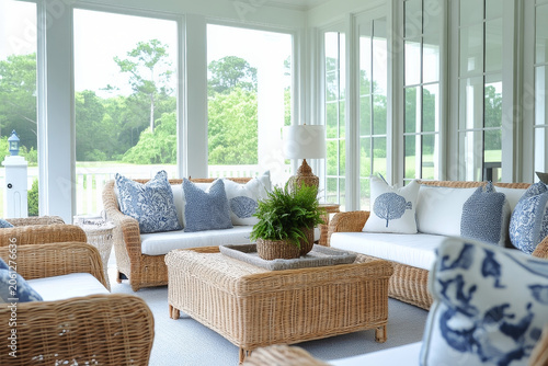 Sunlit coastal-inspired sunroom with wicker furniture, blue and white pillows, and large windows framing lush green views
