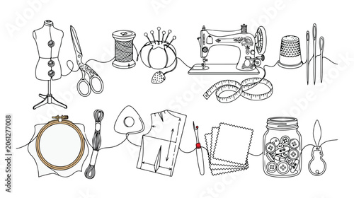 Slika na platnu Hand-drawn sewing and tailoring tools, a creative craft collection