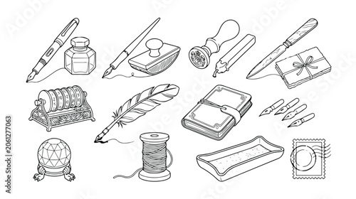 Vintage writing tools and stationery vector set, antique calligraphy instruments, old-fashioned desk accessories, and traditional communication elements for historical design projects.