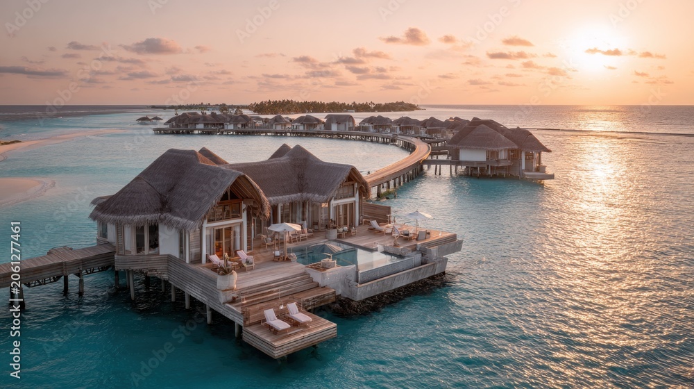 Fototapeta premium Luxury overwater villas at sunset showcasing tropical vacation destination