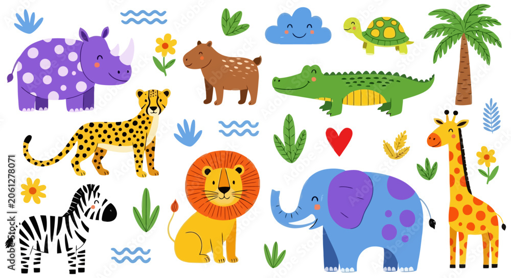 Fototapeta premium Colorful Cartoon Safari Animals Illustration Set for Children.