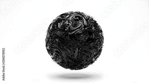 Glossy black abstract sphere with swirling filament texture, floating on a clean white background. Modern minimal 3D render for wallpaper, tech, and futuristic design.

