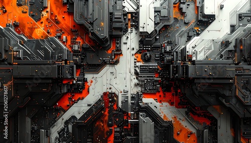 Futuristic cityscape with orange flames burning.