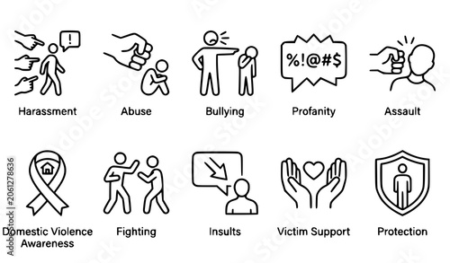 Fotografie Violence and Social Issues Line Icon Set, Harassment Abuse Bullying and Conflict