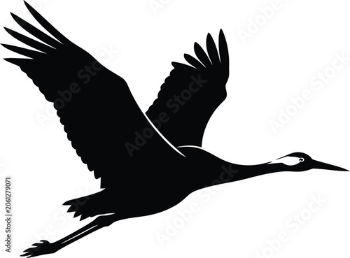 Flying Crane Silhouette Icon, Black Heron or Stork Vector Graphic in Flight, Elegant Bird Symbol, Isolated Minimalist Nature Design for Logos, Web Projects, and Creative Illustration.