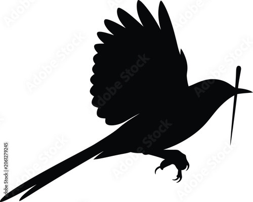 Flying Bird Silhouette Carrying Twig, Black Magpie or Swallow Vector Graphic, Nest Building Concept, Spring Nature Symbol, Isolated Minimalist Animal Design for Logos and Web Projects.