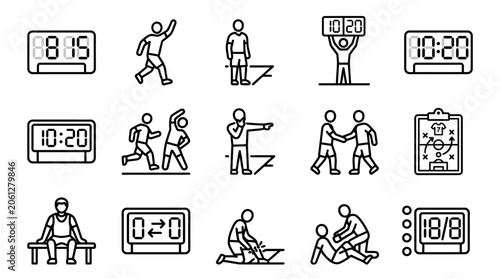 Set of sports substitution and match timing outline icons.