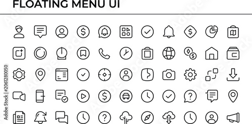 Floating menu UI outline icon set with navigation, notifications, profile, finance, media and mobile app symbols