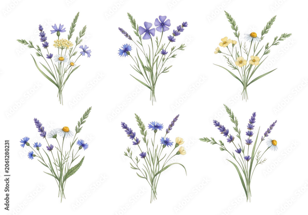 Obraz premium Delicate wildflower bouquets with lavender and chamomile for floral design and celebration themes