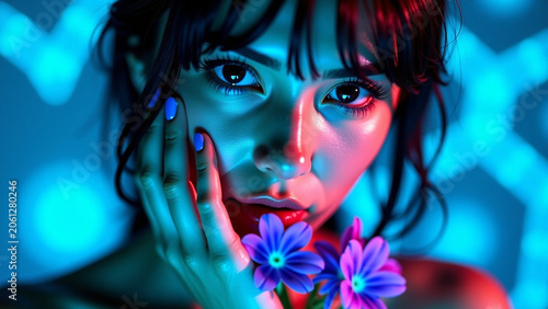 A closeup highdefinition macro iteration portrait of a woman with dark hair and a serious