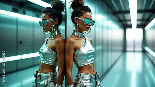 Matching highwaisted metallic silver iteration cargo pants with multiple detailed pockets straps and a silver