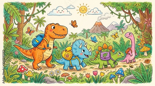 Four friendly dinosaurs walk on a jungle path, carrying backpacks, under a sunny sky