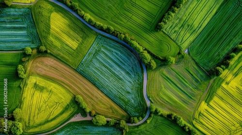 Aerial view of vibrant patchwork fields showcasing agriculture and natural landscapes