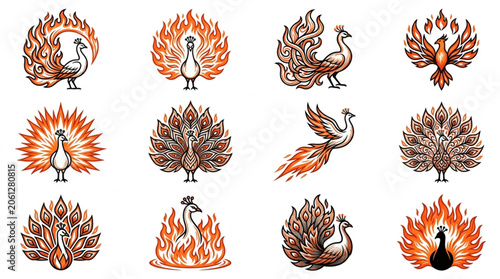 Canvas Print Collection of Stylized Phoenix Birds in Fiery Orange Hues.