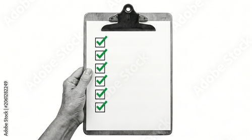 A hand holds a clipboard with a checklist displaying seven green checkmarks on a blank white paper.