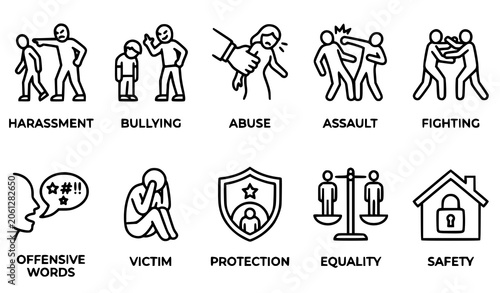 Fotografie Human Rights and Violence Prevention Line Icons Vector Set