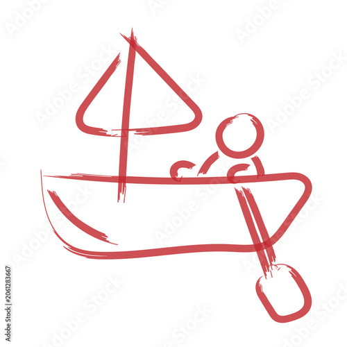 Abstract hand-drawn red sailboat with person rowing, simple minimalist brush stroke doodle