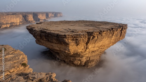 Dramatic rocky landscape with elevated mesa and atmospheric clouds