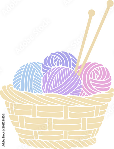 knitting, yarn, basket, wicker basket, yarn ball, clew, wool, threads, knitting needles, handmade, craft, hobby, diy, needlework, weaving, tailoring, cozy, pastel colors, pink, blue, purple, flat desi