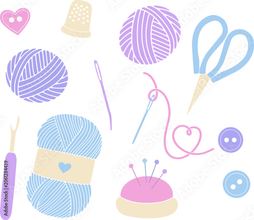 Minimalist flat line icons of sewing and knitting accessories. Cute pastel scissors, buttons, needles, and colorful wool yarn balls. Aesthetic design elements for haberdashery, fashion design studios,