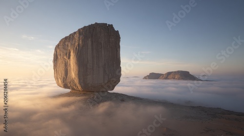 Dramatic rock formation rising above a sea of clouds under a clear sky