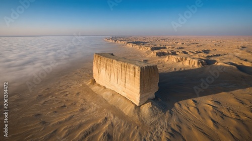 Desert landscape with rock formation under blue sky and soft light