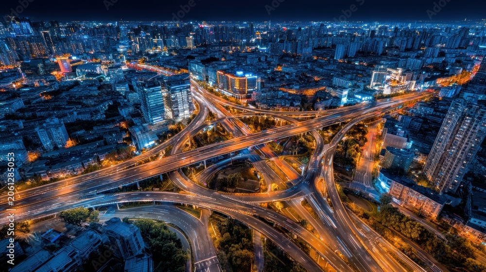 Obraz premium Aerial view of a complex urban highway intersection at night with illuminated structures
